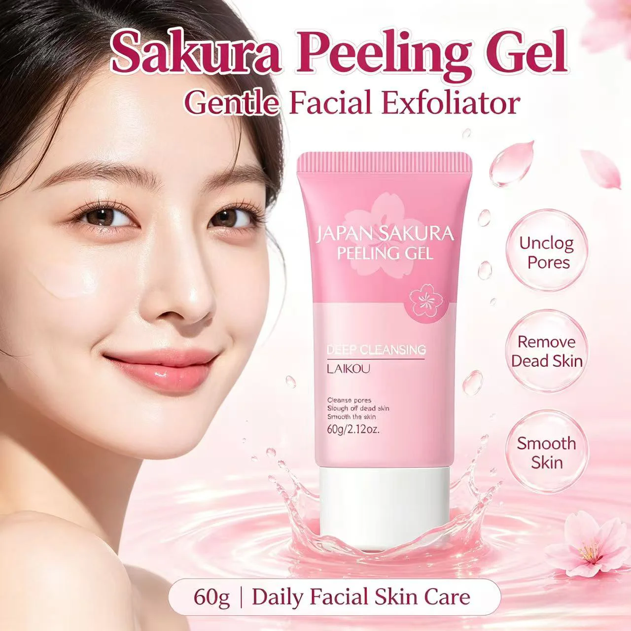 LAIKOU Sakura Peeling Gel 60g Gentle Facial Exfoliator Clear Texture Clean Pores Smooth Skin Daily Skin Care