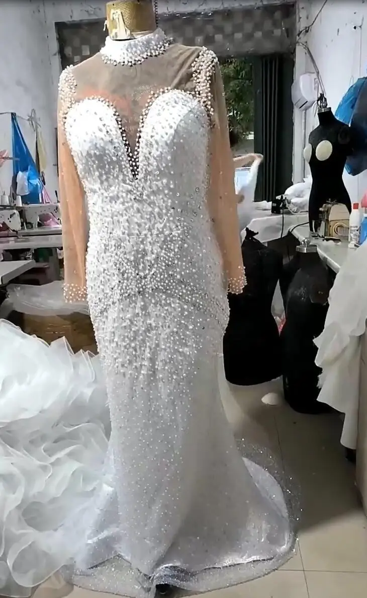 Customized Africa Sexy Mermaid Wedding Dresses With Detachable Skirt Bling Bling Shiny Pearls Appliques Fish Tail Bridal Dress