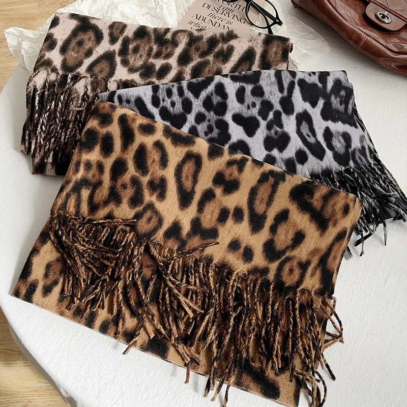 

Winter New Retro Leopard Print Imitation Cashmere Tassel Scarf Casual Warm Large Shawl Headscarf Women