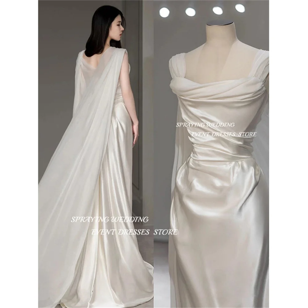 SPRAYING Elegant Silk Satin Wedding Dresses Spaghetti Straps Floor Length Bridal Gown Simple Formal Party Dress Korea Photoshoot