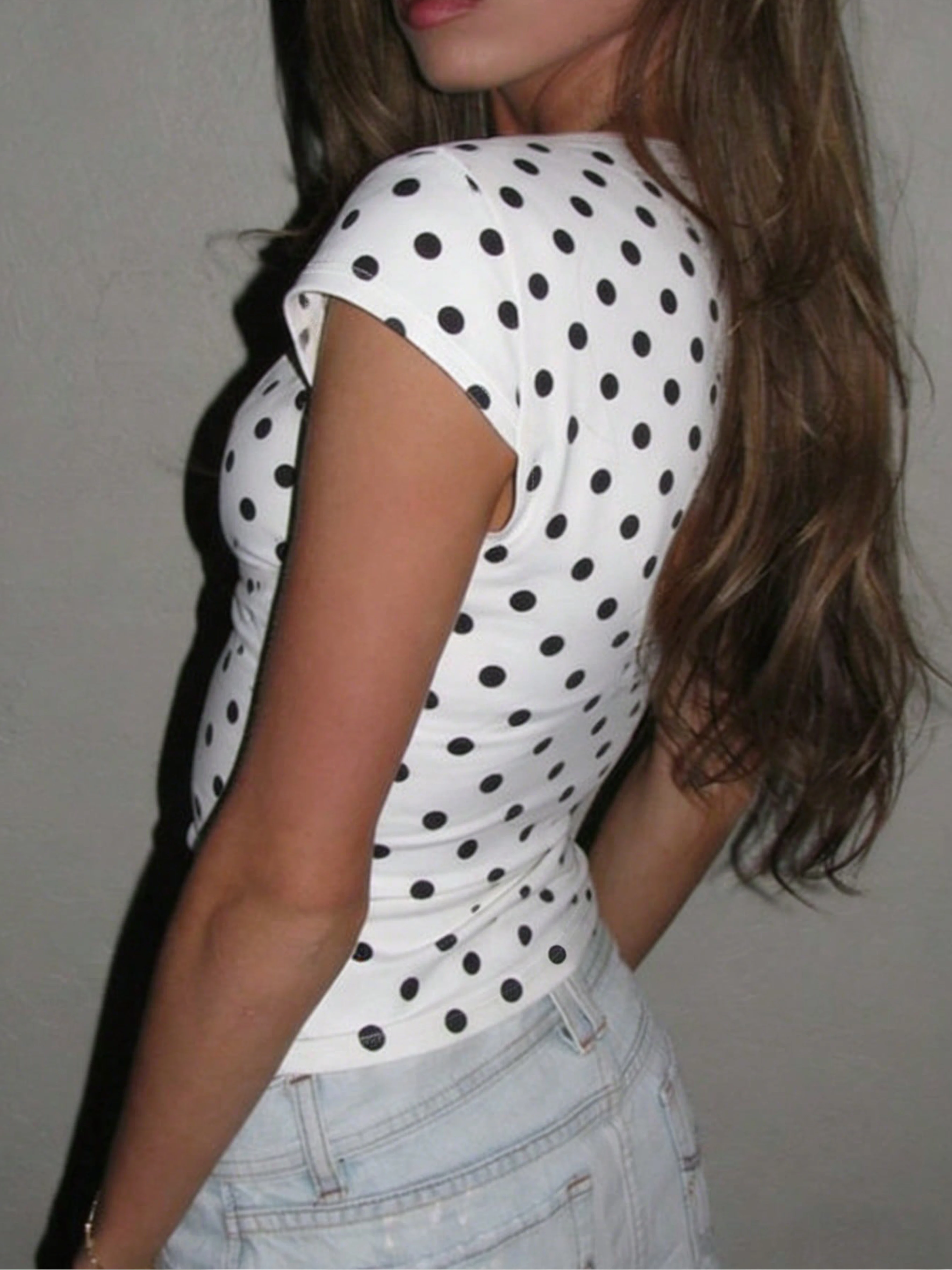 Women's Fashion Casual Retro Simple Versatile Lace‑Trimmed V‑Neck Polka‑Dot Short‑Sleeve T‑Shirt