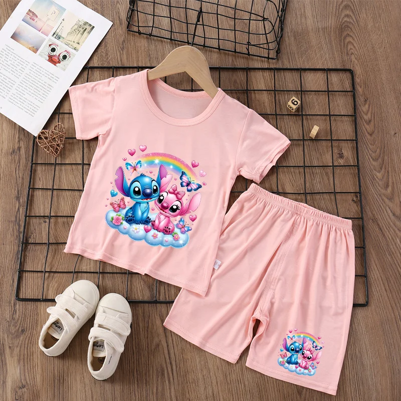 

2pcs Stitch Pajama Sets Boys Girls Modal Sleepwear Fashion Tops Home Shorts Suit Pyjamas Kawaii Anime Print Kids Nightwear Gift