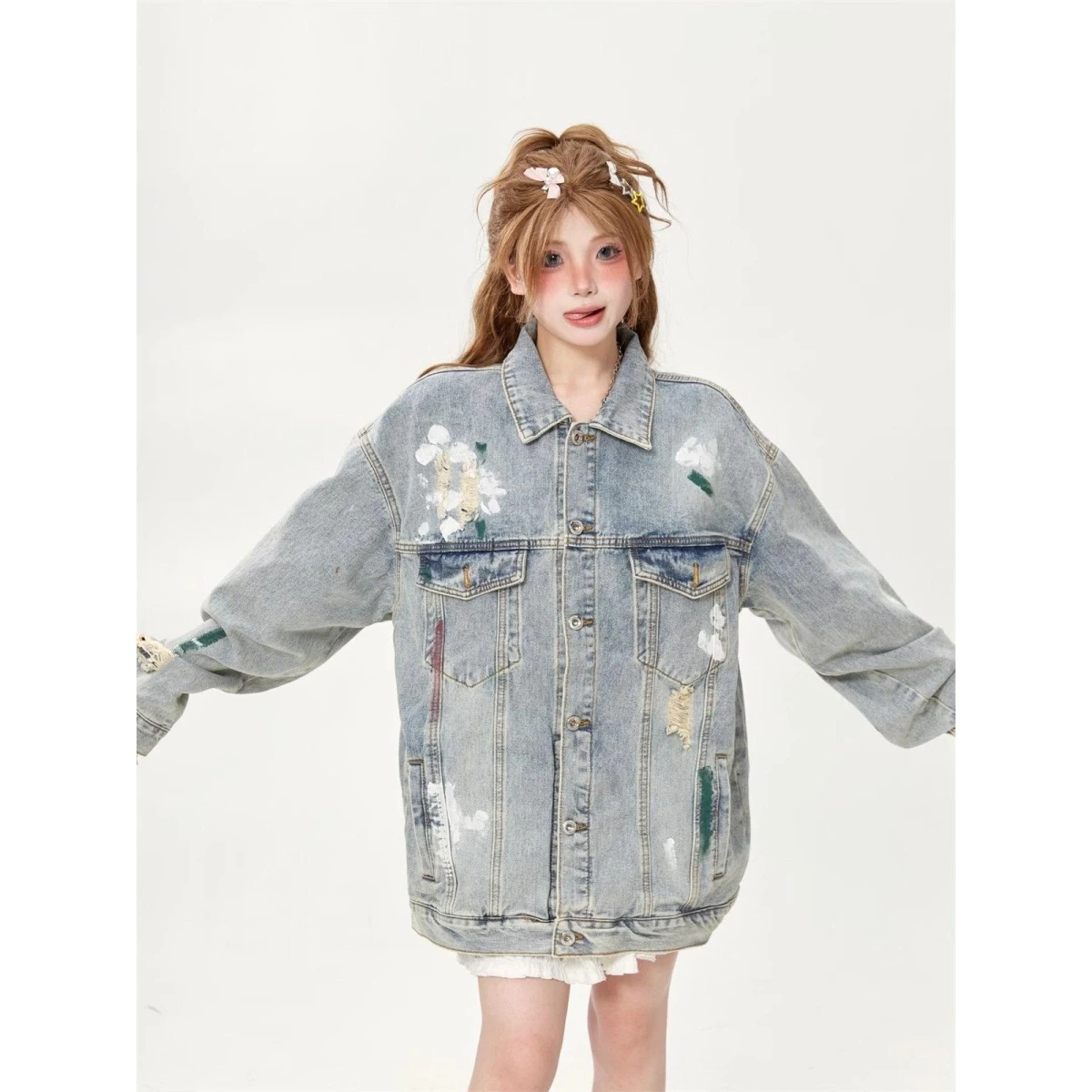 

Американская джинсовая куртка унисекс в стиле BF для мужчин, свободного кроя, в стиле High Street, с элементами колледж-стиля, для пар, модная и стильная