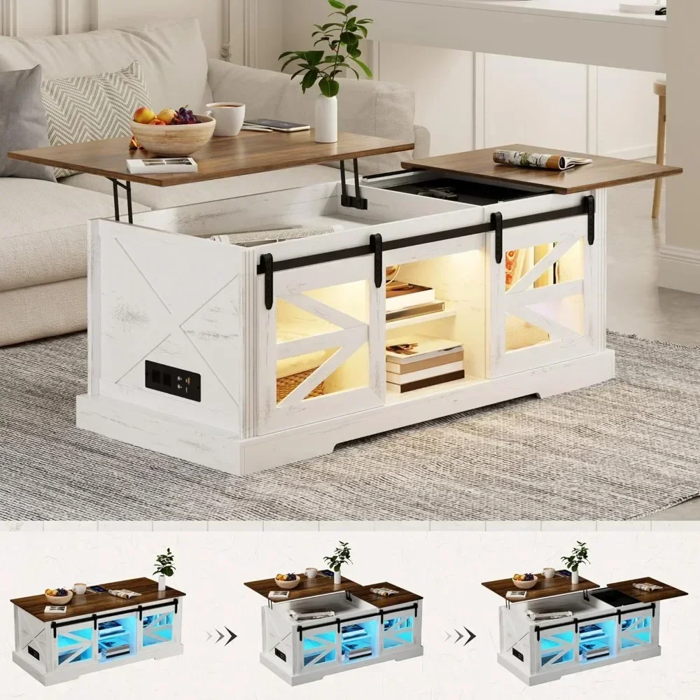 

Lift Top Coffee Table with Gun Cabinet, 2 Sliding Barn Doors-Large Storage and 3 Color LED Lights fit Modern Rectangular Rustic