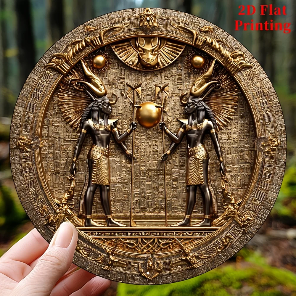 CIFBUY Boho 2D Egyptian Anubis Round Aluminum Wall Art Waterproof Rustproof Metal Decor for Home Kitchen Office Yard