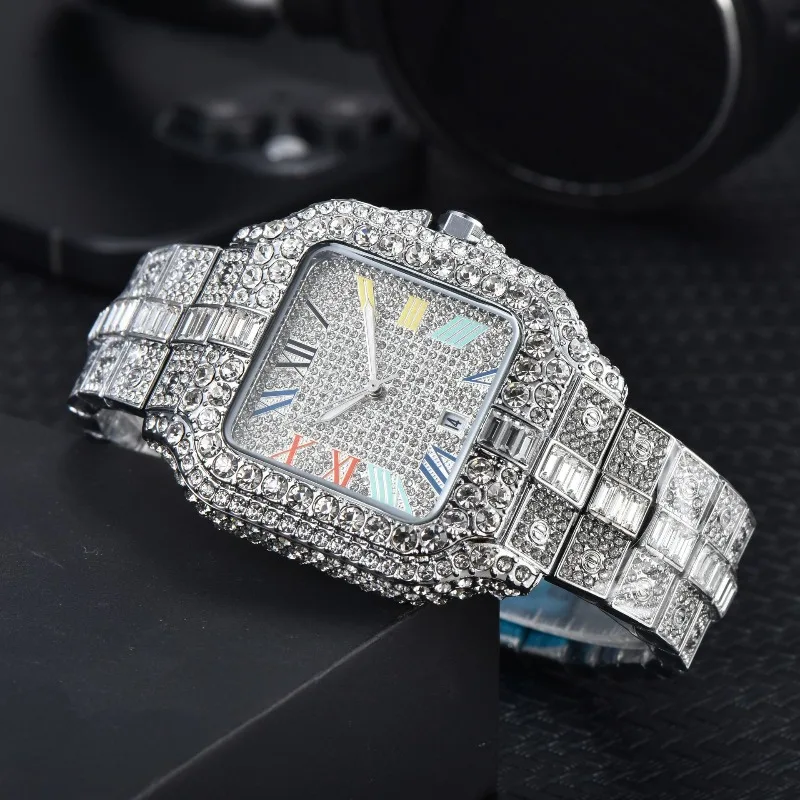 2025 ساعة نسائية ماسية كاملة حركة كوارتز سوار فولاذي غير قابل للصدأ فستان كاجوال لامع فاخر مقاوم للماء شحن مجاني