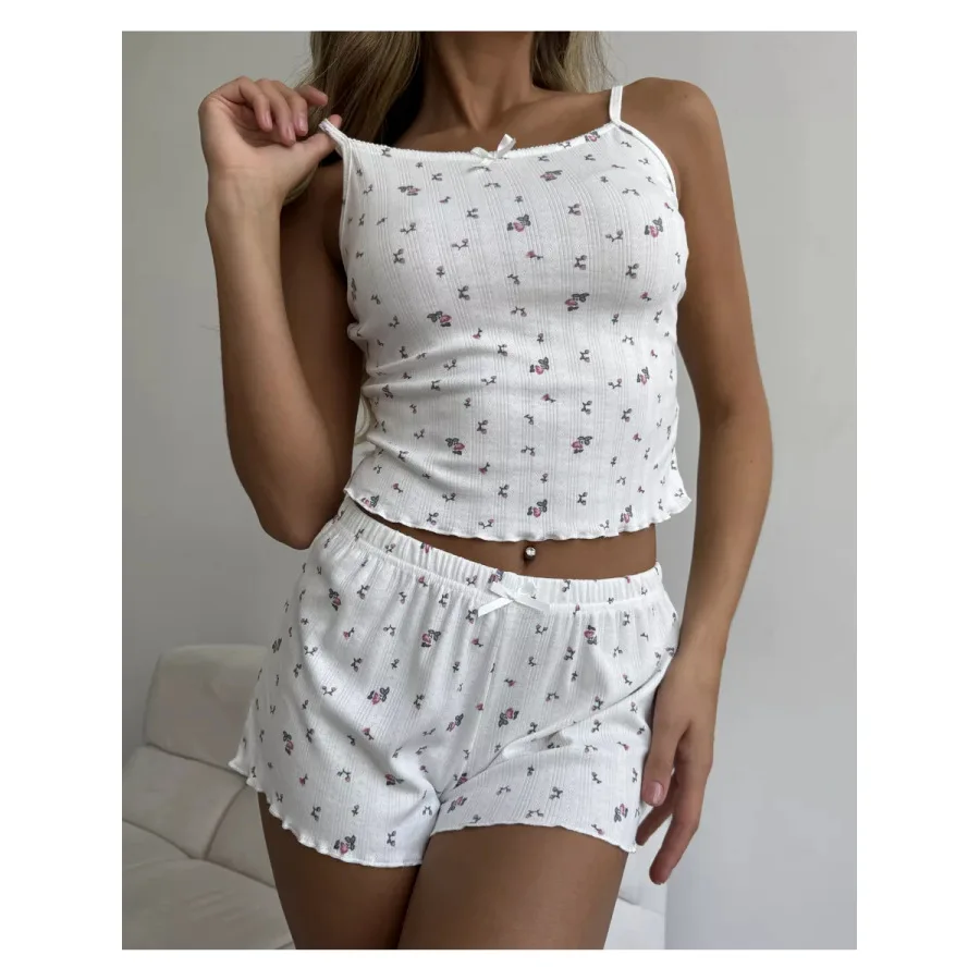 

American-Style Summer Women's Fashion Pajamas Homewear Slim-Fit Printed Jacquard Camisole and Shorts Two-Piece Ruffle Pajamas Se