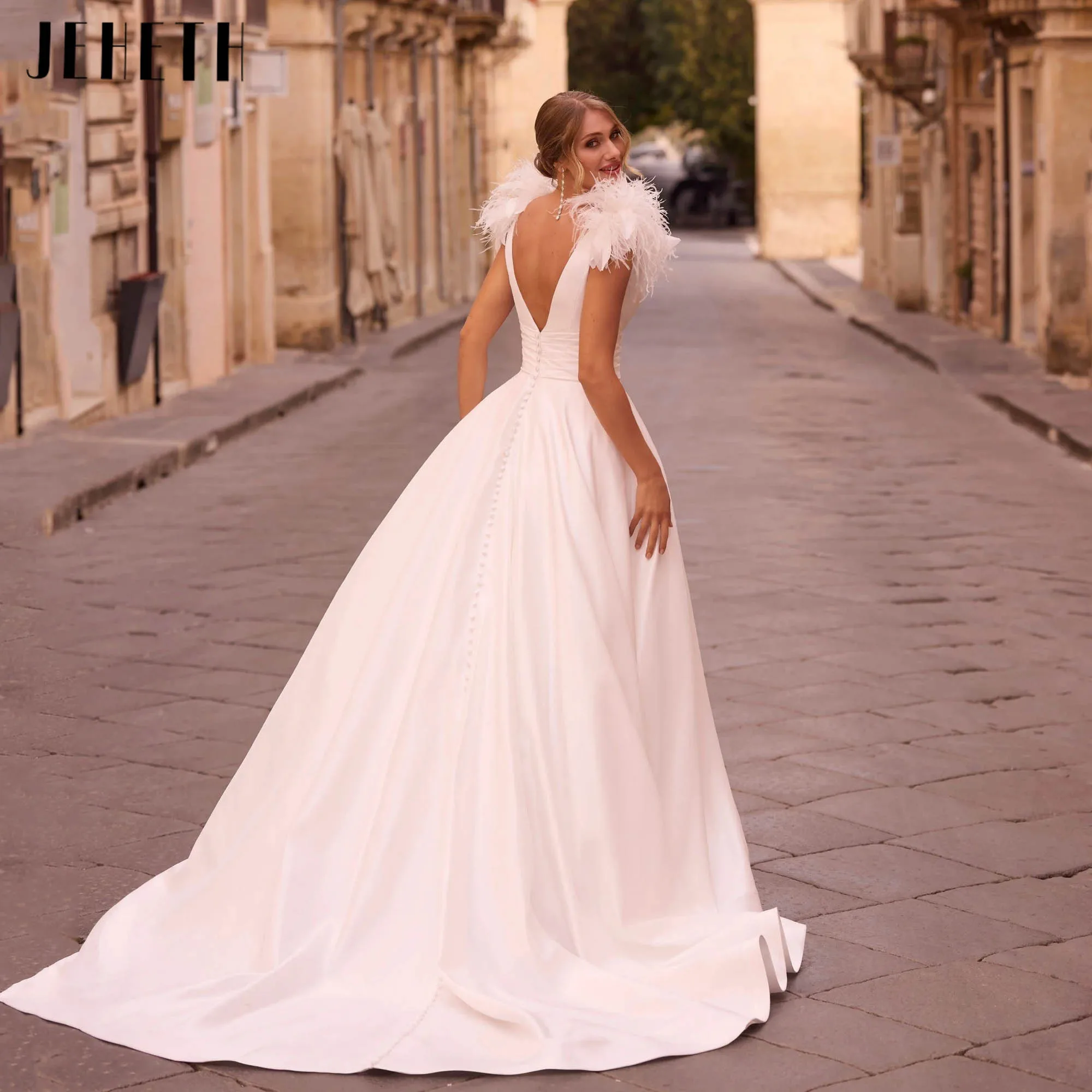 JEHETH Minimalism Satin Wedding Dress Deep V-neck V-back Sleeveless Bride Gown A-line Simple Feather vestido de novia Customized