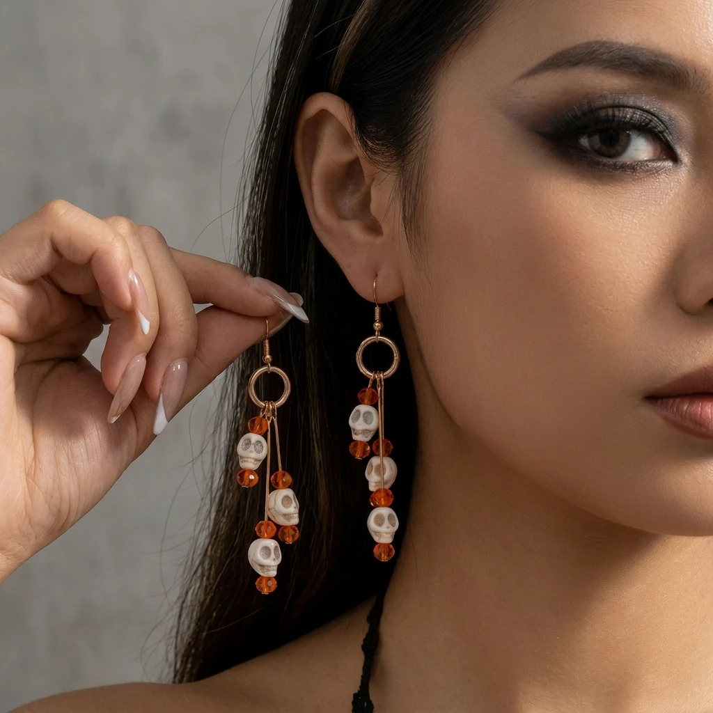 Halloween Orange Crystal Bead White Skull Long Tassel Drop Hook Earrings Gothic Punk Women Holiday Party Ear Jewelry