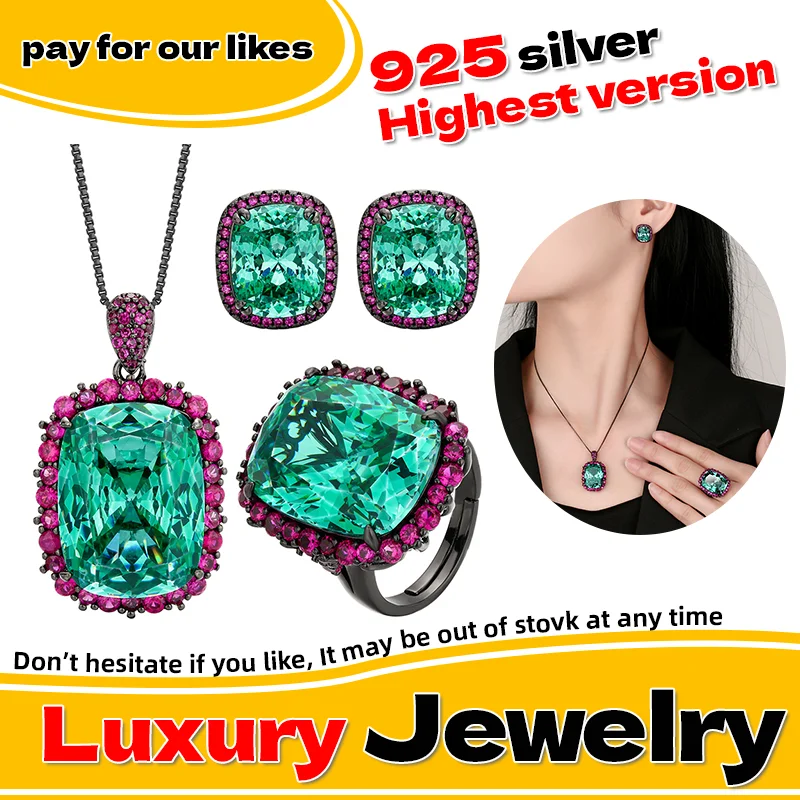 

S925 pure silver simulation bird's nest Chipala green black gold set necklace earrings all diamond inlaid ring fashionable