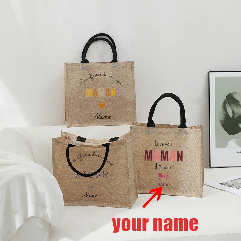 Personalized with Name Floral Boho Leopard Mamie Heart Patterns Jute Tote Bag Shopping Bags Mother Daughter Mother's Day Gifts