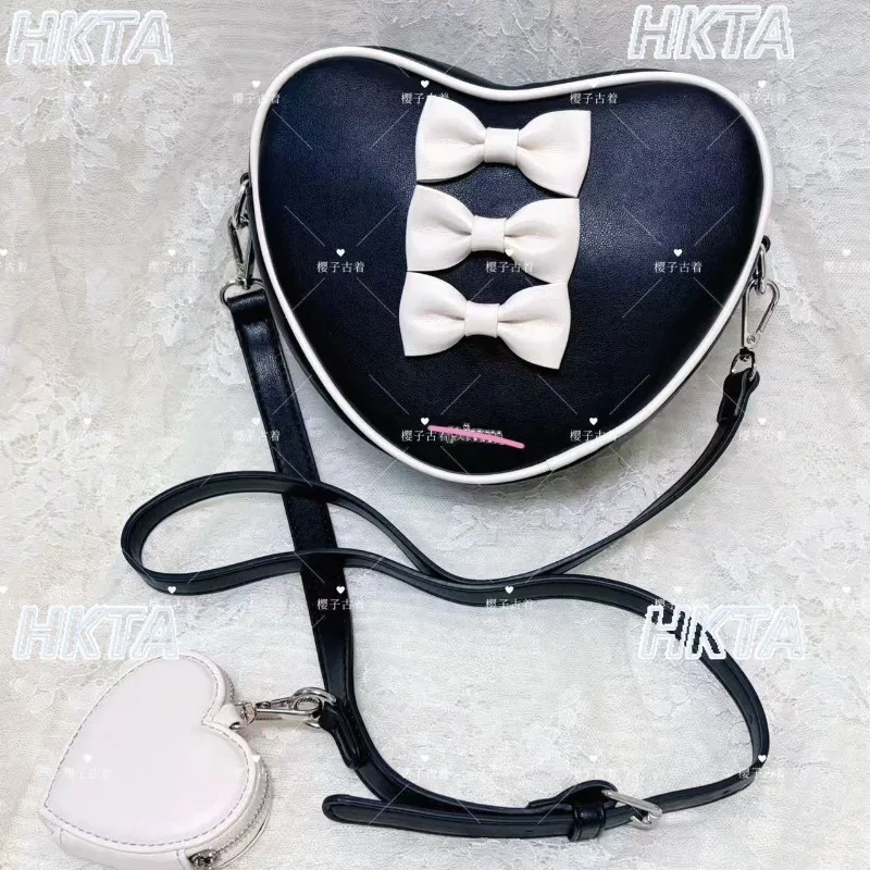 Japanese Niche Bow Heart Shaped Black Pink Love Bag Womens Pu Leather One Shoulder Crossbody Bag Fashion Anime Backpack