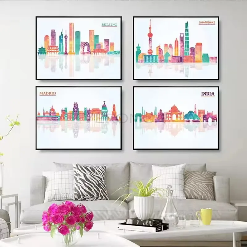 

Watercolor Abstract City Posters Madrid Usa New York India Shanghai Beijing Canvas Painting Wall Art Pictures for Room Decor