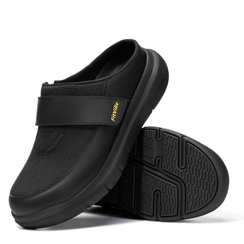 FitVille Wide Slippers For Men Slip-On Mules Clogs For Swollen Feet Adjustable Strap Indoors Lightweight Walking Shoes