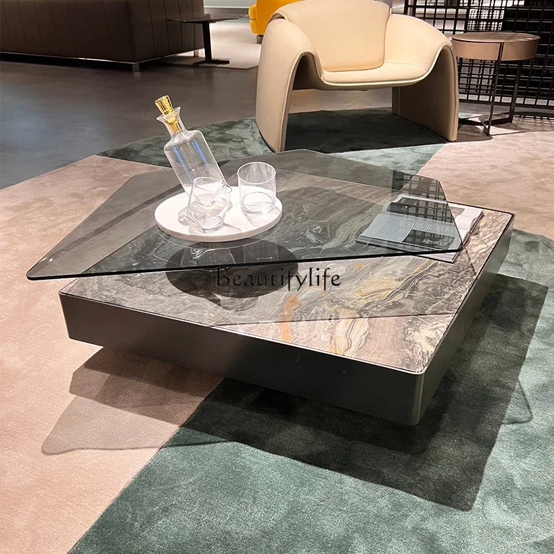 

01*Italian Simple Luxury Venice Brown Natural Marble Tea Table Modern Minimalist Light Luxury Tea Table