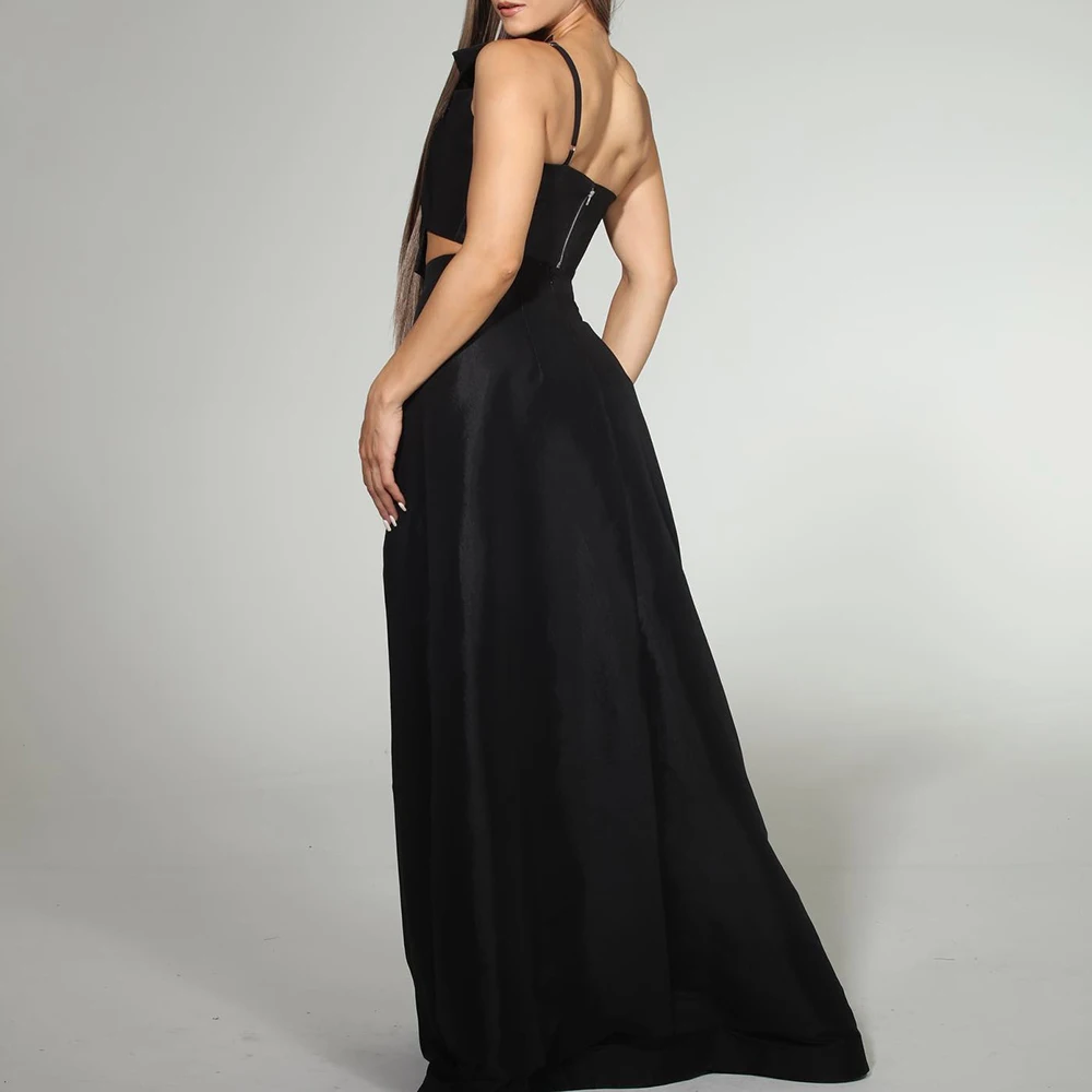 Customized Exquisite One Shoulder Strapless Satin Bow Evening Dress Graceful Zipper Back Front Slit Black Vestido De Festa