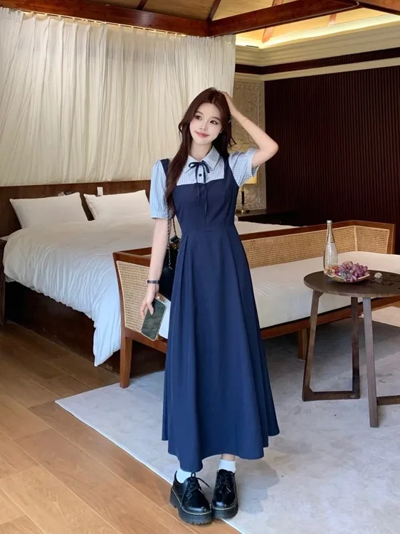 

plus Size Women's Summer Short Sleeve Dress Waist Cinching Belly Covering Long Dress Color Block Commuter Style Korean Fit