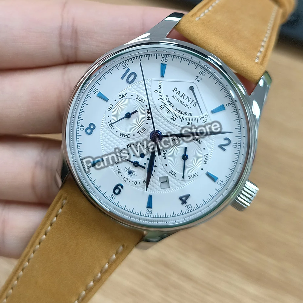 Parnis 43mm Sapphire Crystal Miyota9100 9120 Automatic Men's Watch Blue Marks Power Reserve Indicator