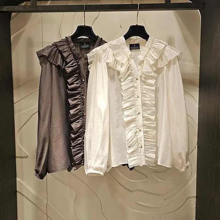 

Korean Court Style Pleated Shirt with Fly Sweet And Versatile Slimming Small Top for Commuting And Business