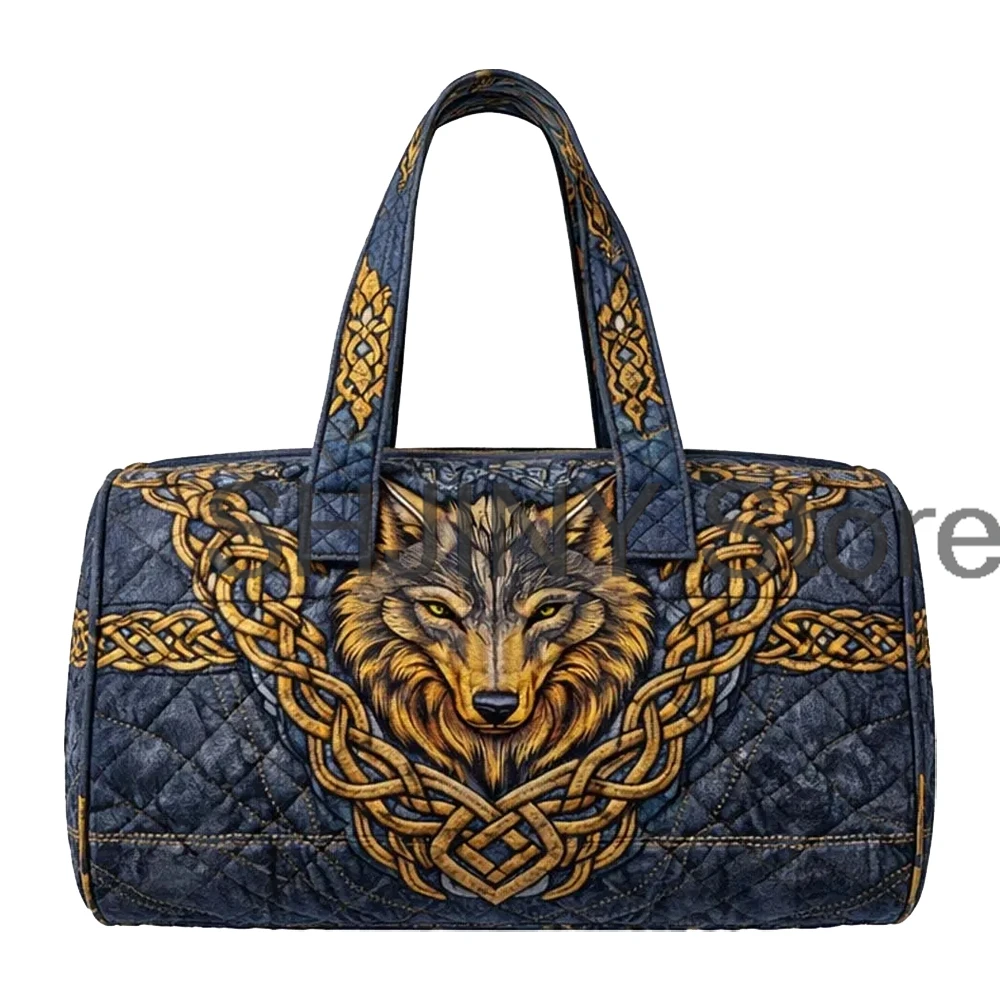 

Unisex Celtic Wolf Print Quilted Duffle Bag Norse Design Travel Tote Women Men Weekender Bag