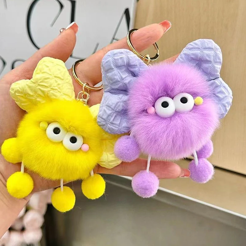 Cartoon Bow Briquette Elf Doll Pendant Keychain Cute Cross-eyed Bow Fur Ball Doll Key Ring Toy