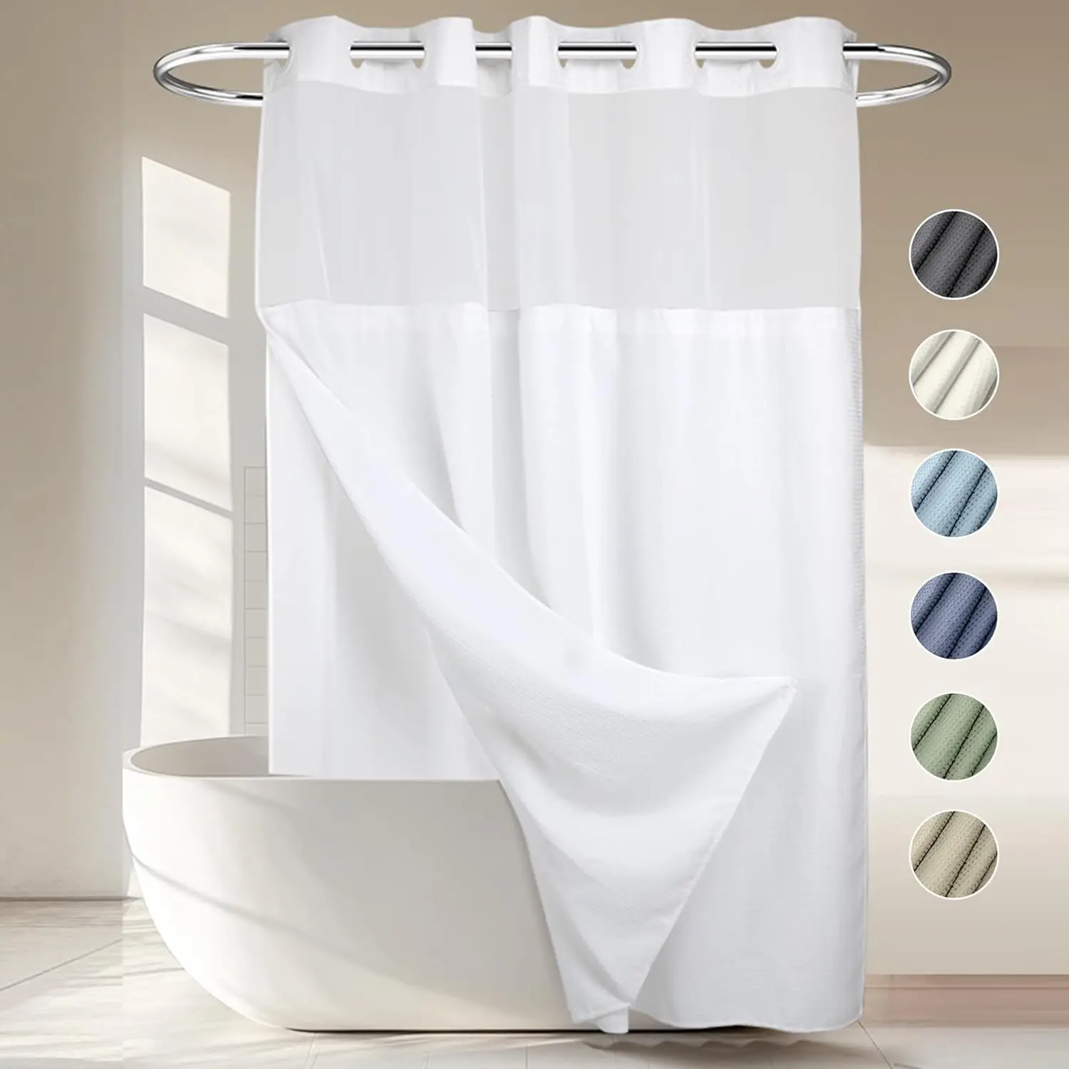 

Heavyweight Dotted Waffle Weave Shower Curtain with Snap-in Liner, Hotel Grade Spa-Like Bathroom Set - 71W x 74H, White