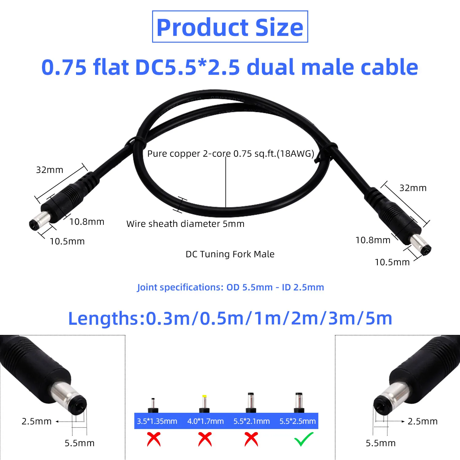 19V-24V All Copper DC Power Cord 5.5*2.5mm Male to Male High Current Adapter Compatible Laptop/Monitor/Router connection cable