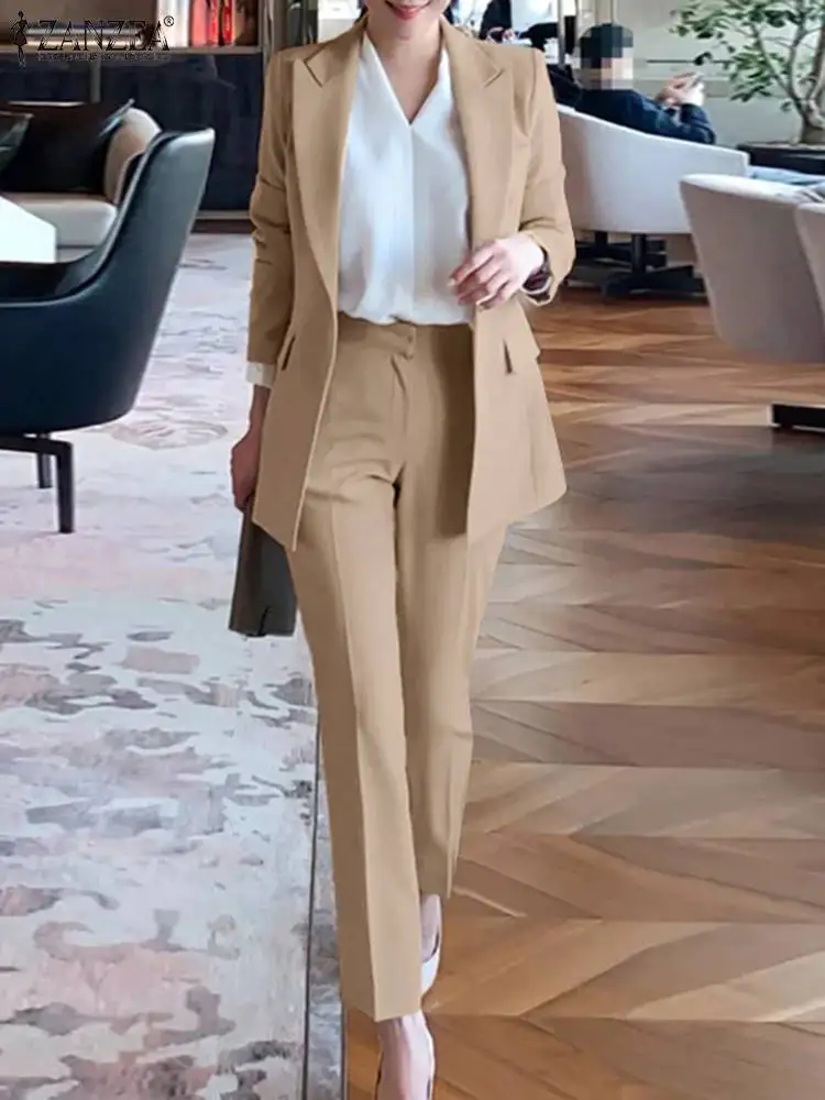 ZANZEA Elegant Women OL Work Pants Sets 2PCS Long Sleeve Blazer Suits Fashion Spring Office Trousers Suits Solid Tracksuit 2024