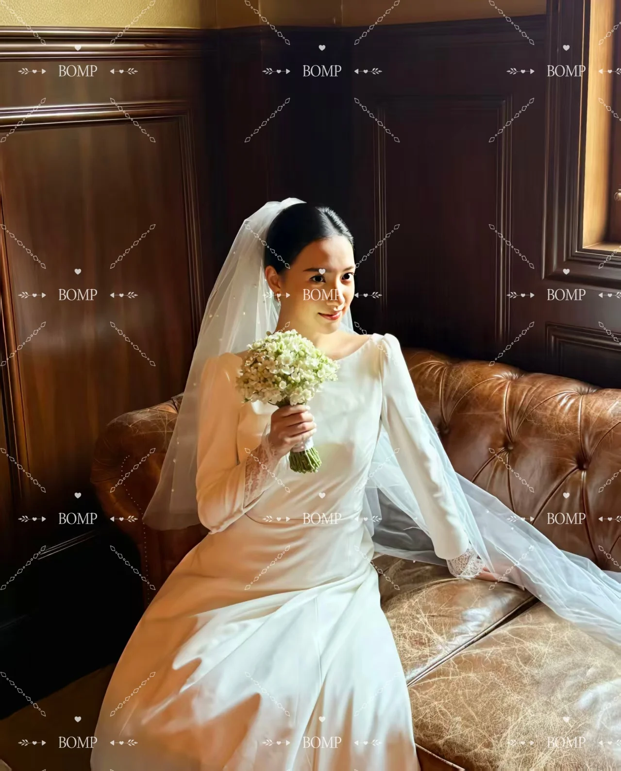 BOMP Vintage corée robe de mariée manches longues balayage Train ivoire Satin séance Photo robe de réception de mariée personnalisé ...........