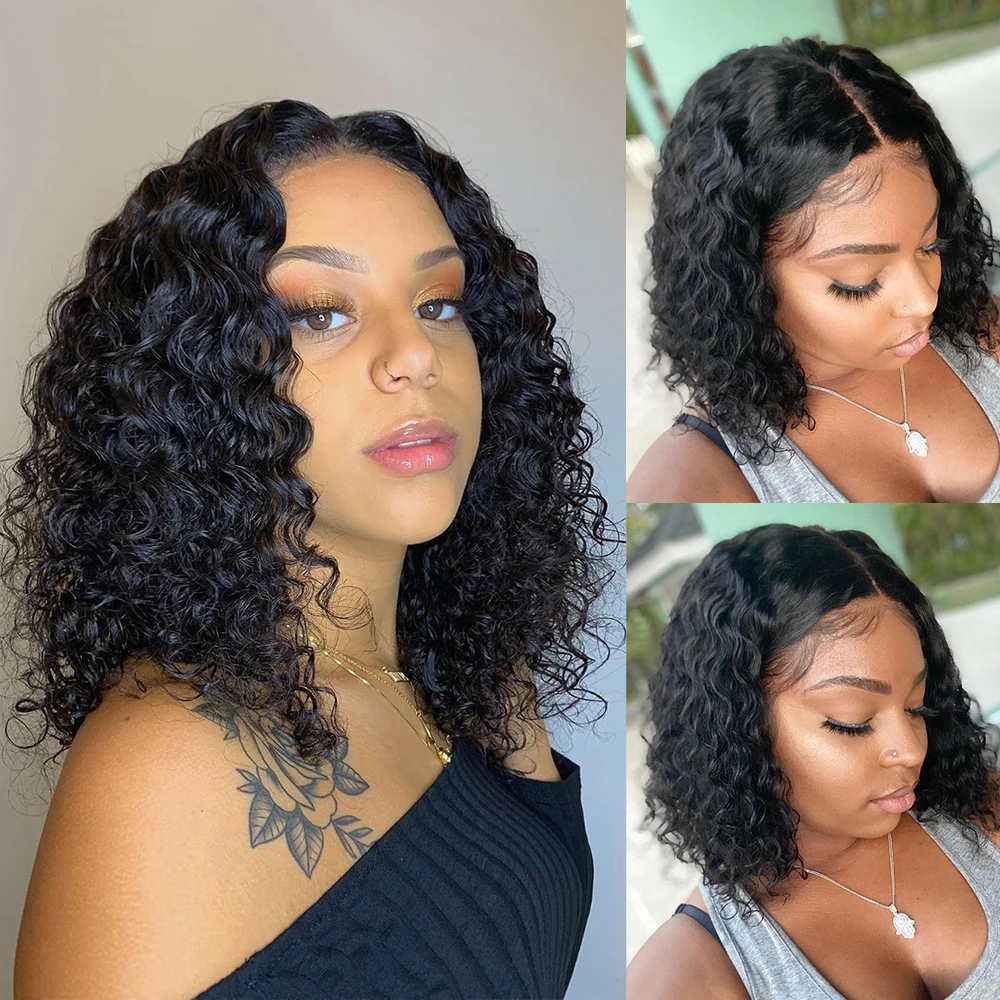 Brasileiro Curly Lace Frontal Peruca, Curto Bob Peruca, 100% Cabelo Humano, Onda de Água Profunda, 4x4 Lace Encerramento, 13x6