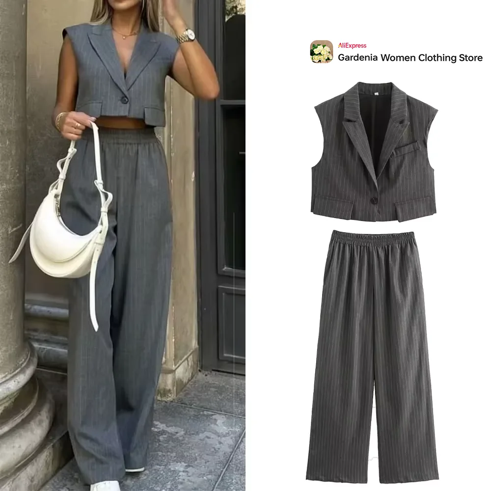 Chaleco corto elegante para mujer, 2 piezas, con solapas y rayas diplomáticas, pantalones Palazzo a rayas a juego