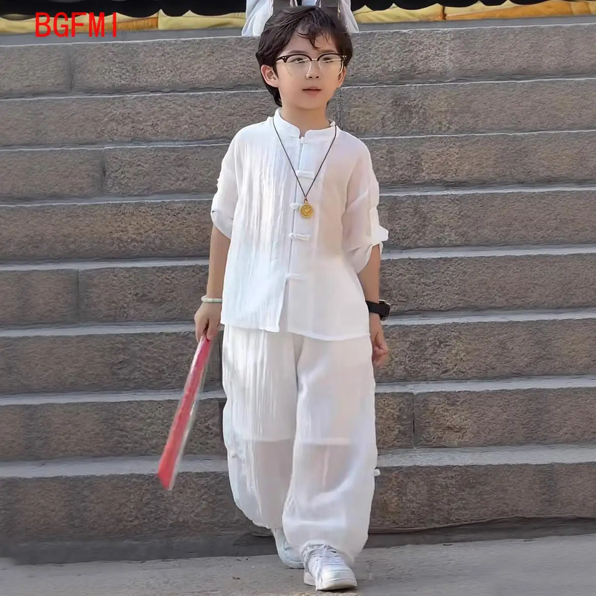 Chinese Style Teenage 2Pcs Set Ultrathin Kids Boy Summer Transparent Fabric Tshirt Top + Pant Casual Teen Boy Clothing Tang Suit