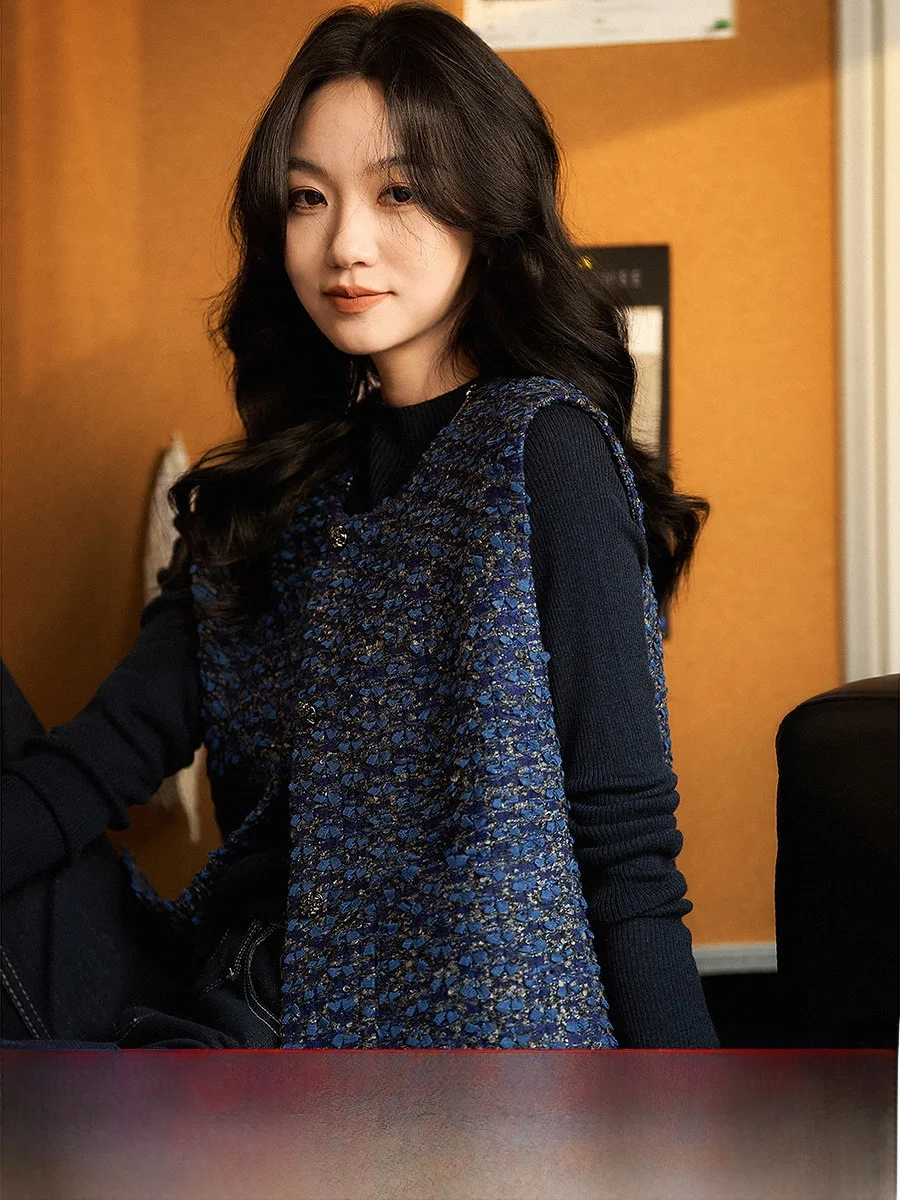 

Xhange Iris Blue Woolen Vest round Ne Button up Outerwear Polyester Fiber Commute Sle Regular Thin Moderate Warmth