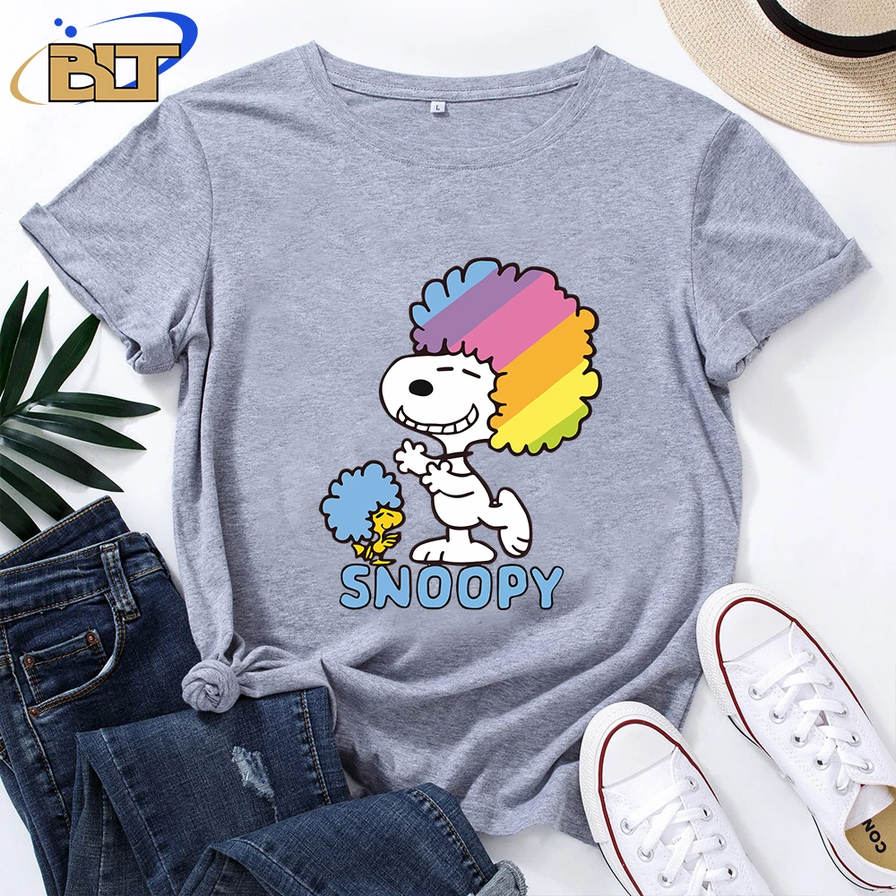 

Snoopy Print Women's T-Shirt Casual Tops Grey Cotton Short Sleeves