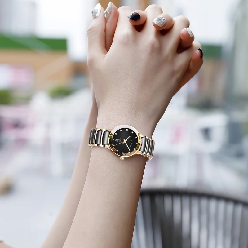 Часы Oupai, женские черные керамические японские кварцевые часы, модный простой календарь со шкалой со стразами