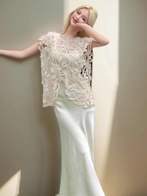 

White Lace Hollow out Top Asymmetrical Design ort Front Long Ba Vest Loose Fit V-Ne Svel Regular Length Women's S...