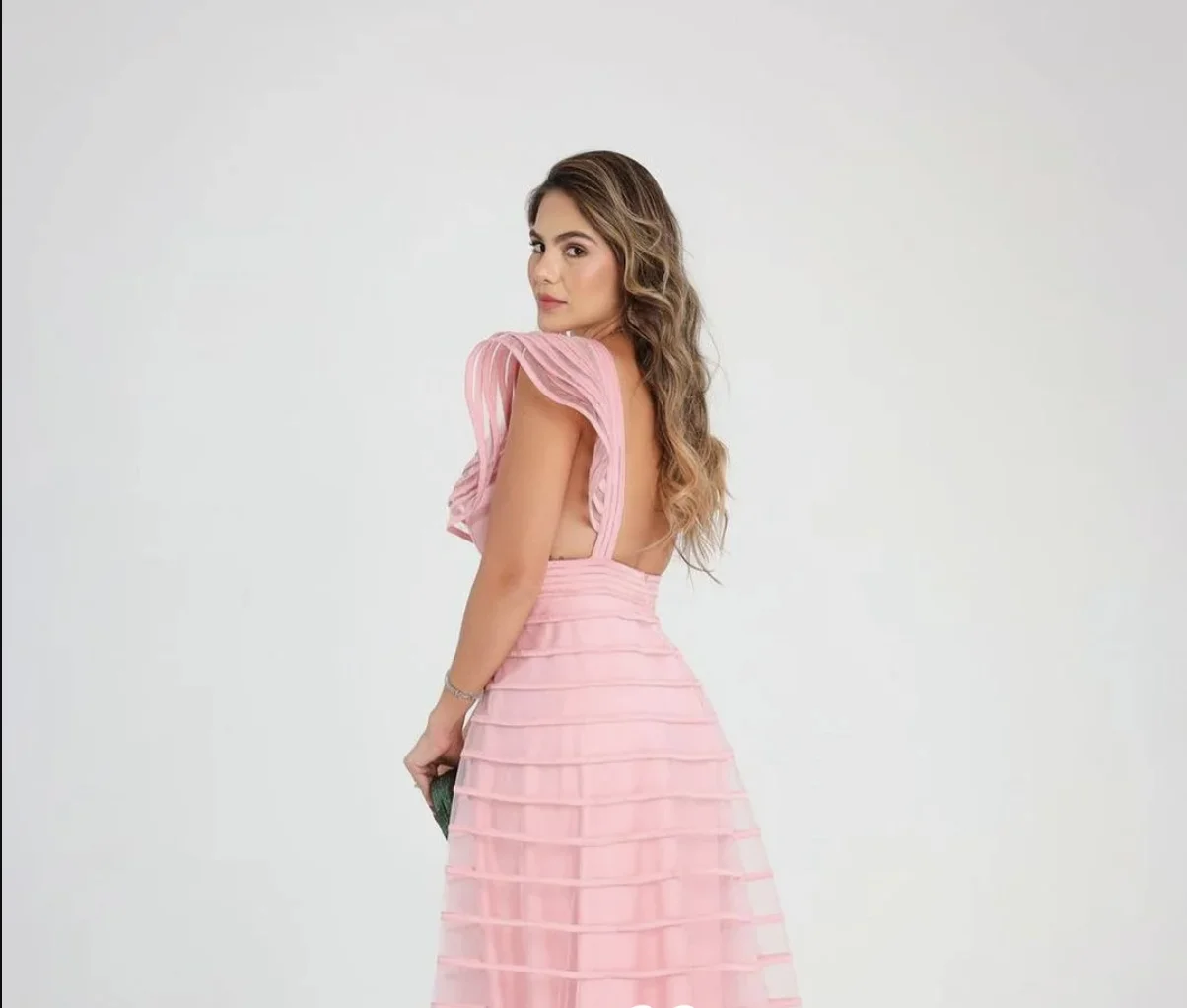 Romantic Pink A Line Prom Dresses V Neck Cap Sleeves Floor Length Long Backless Wedding Party Vestidos De Noche Elegantes 2024