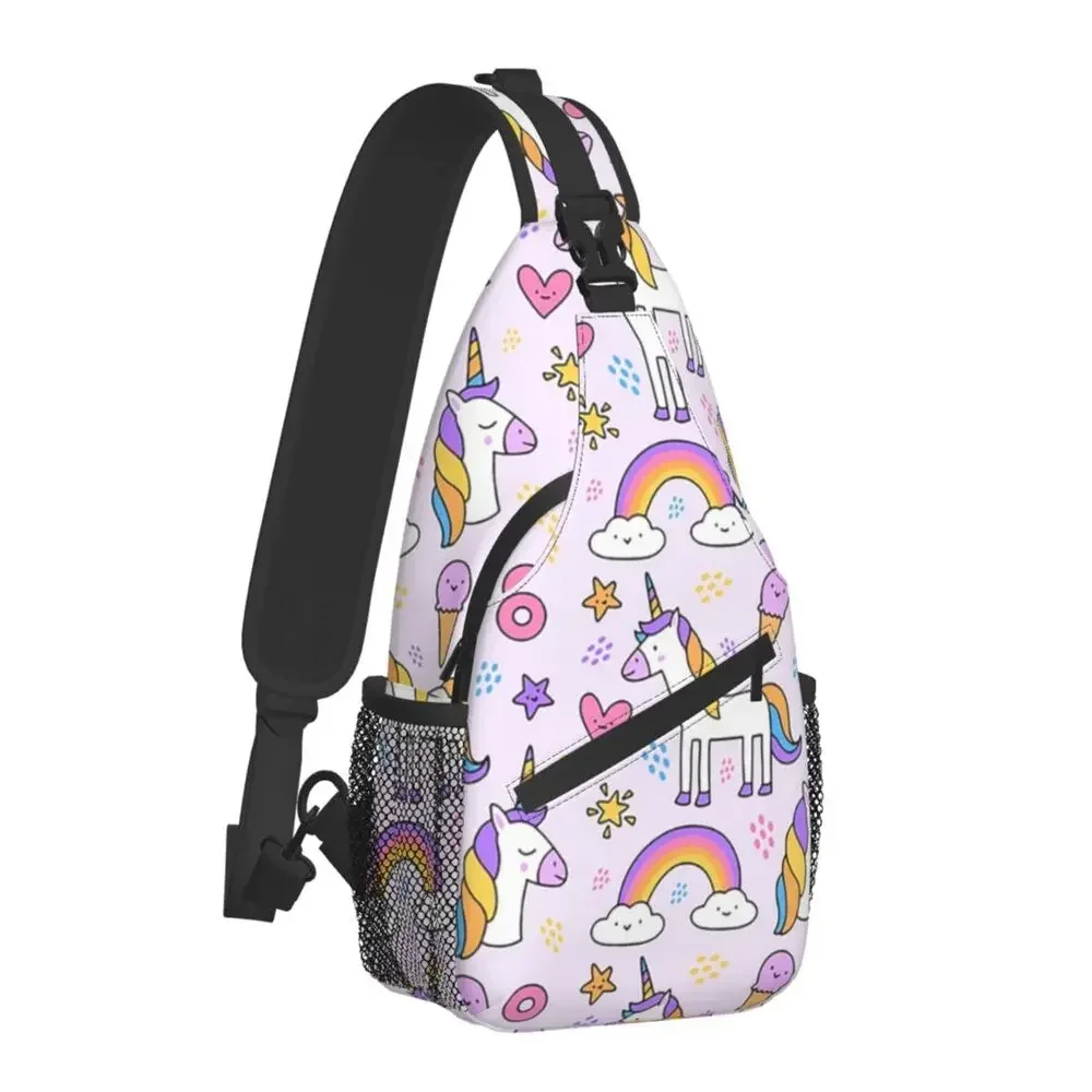 Cute Unicorn Pattern Sling Chest Crossbody Bag Men Casual Mythical Animal Shoulder Backpack for Camping Biking