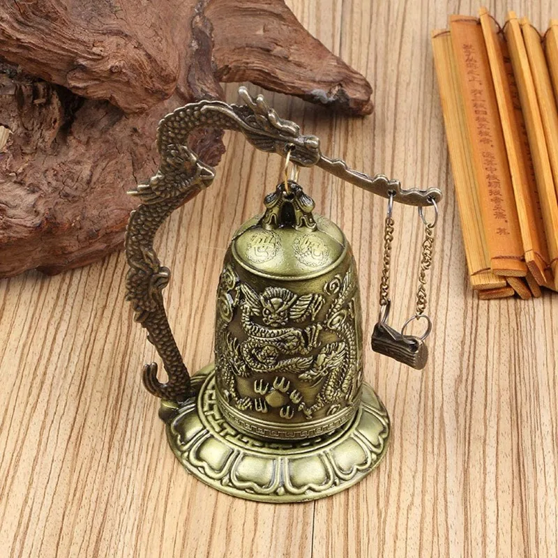 New 1pc Antique Bronze Dragon Bell，Chinese Feng Shui Decor for Desk，Handcrafted Carved Lock Bell Arts and Collectors