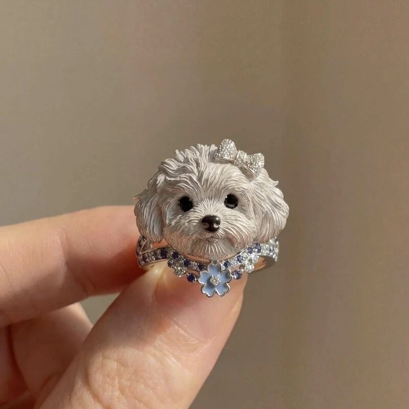 [Velvet Snow King Star] Cute Bichon Dog Ring Blue Zircon Bow Pet Commemorative Niche Ring