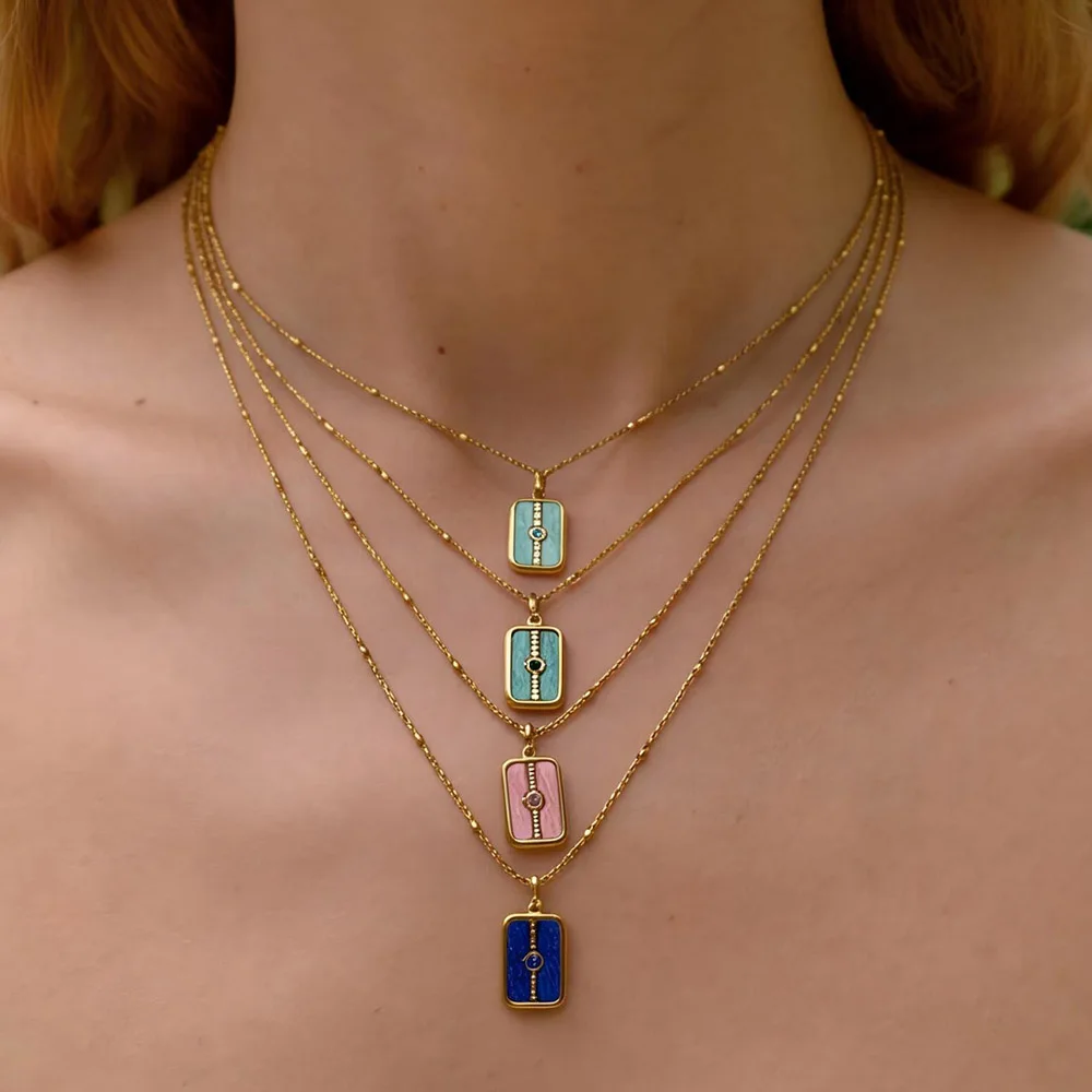 Peri'sbox Stainless Steel Dopamine Natural Stone Women Geometric Pendant Necklace Stainless Steel Collarbone Chain Daily Jewelry