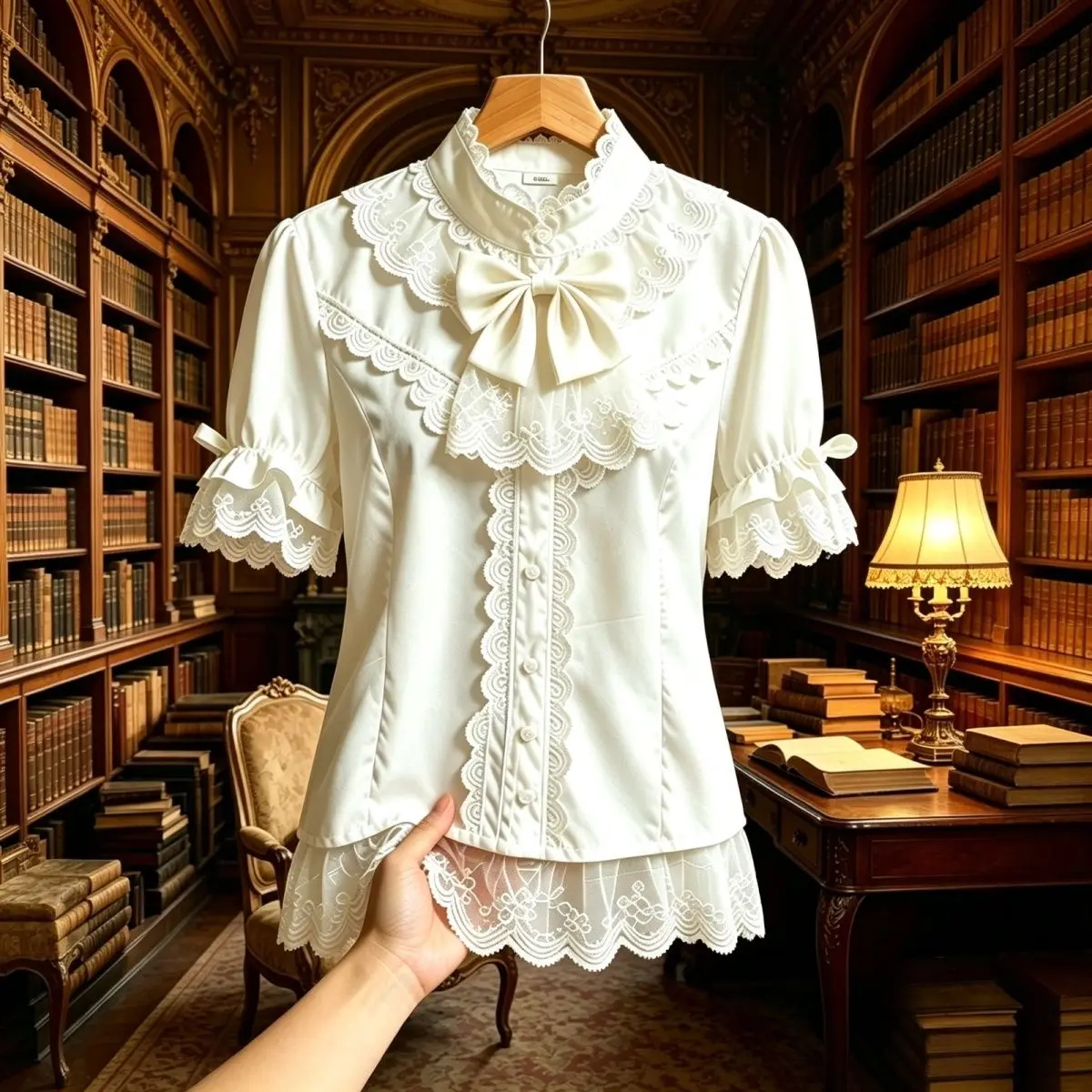 Qiji Original Design Lolita Sweet Lace Bubble Sleeve Lolita Shirt Short Sleeve Inner Shirt Top