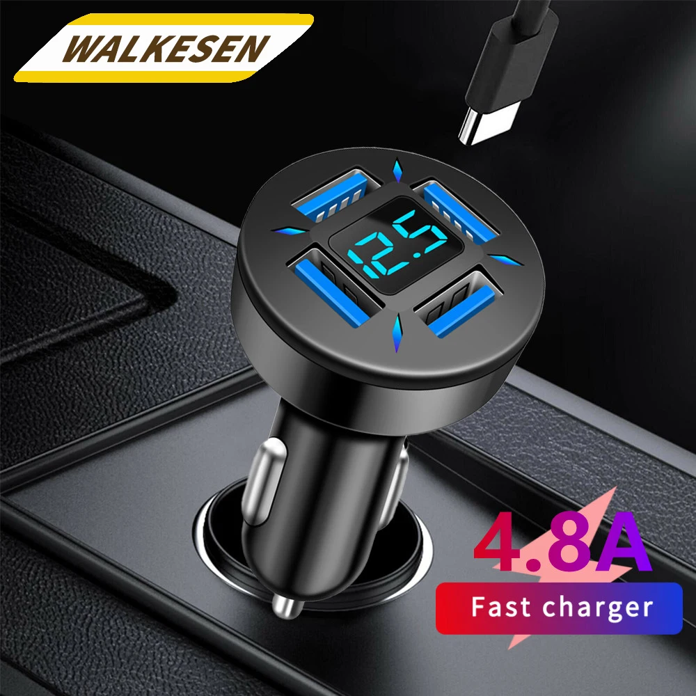 4 Ports USB Digital Display Car Charger Fast Charging Mobile Phone Adapter For iPhone 15 Samsung Xiaomi Quick Charger3.0 Charger