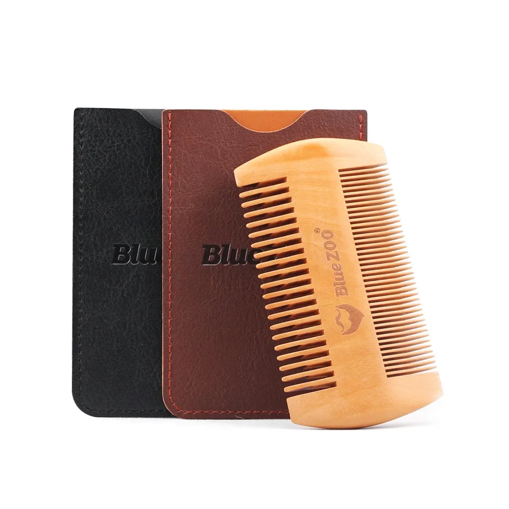 Natural Beech Wooden Beard Comb & Leather Case Men Fine & Coarse Teeth Styling Comb for Daily Beard Care Cepillo Para Cabello