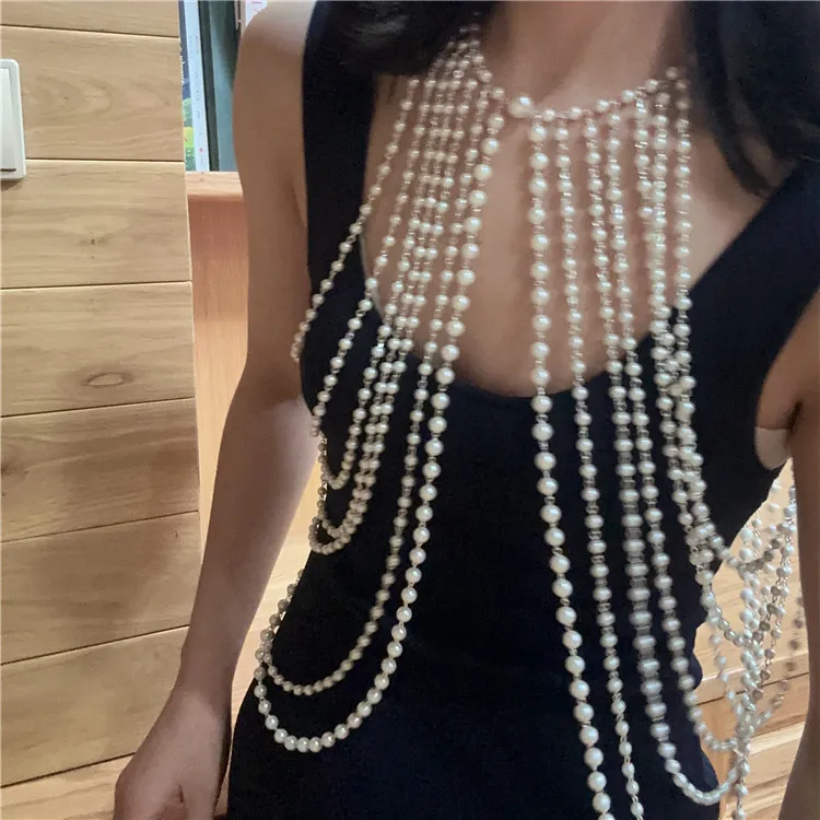 Y2k 빈티지 Luxury Beaded Shoulder Jewelry Pearl Shawl Body Chain Handmade Pearl Top Bra Backchain Woven Bead Body Chains for Women