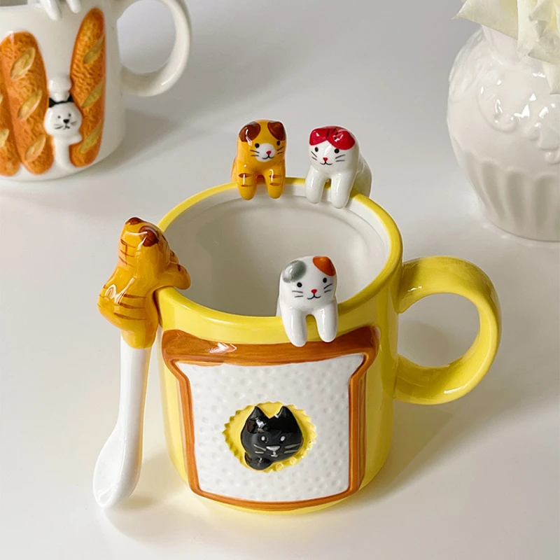 Japanese Cartoon Ceramics Coffee Cups, Cute Cat Cup, Personality Gift, Household Cartoon, Kawaii, Breakfast, Oat Milk Mugs - view 2