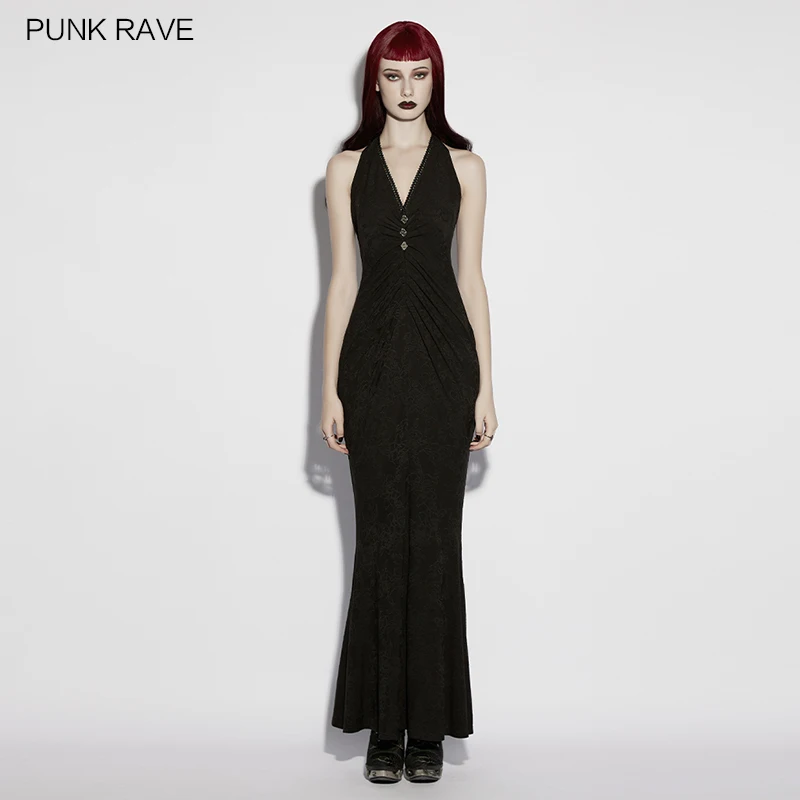 

Женское готическое платье PUNK RAVE с жаккардовым узором из роз, воротником-халтер, силуэтом «рыбий хвост», металлическими пряжками, драпировкой на талии, для романтических вечеринок, длинное