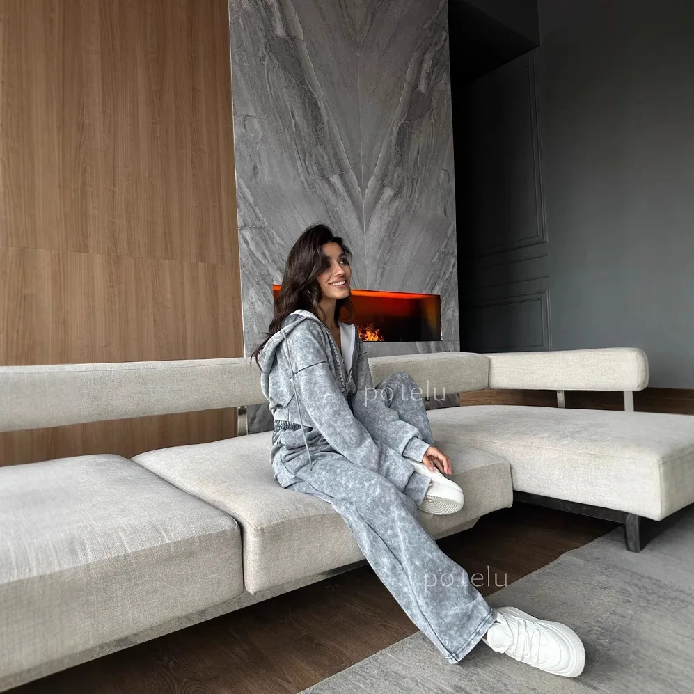 2025 مجموعة هوديي مغسولة محفورة المرأة سحاب أكمام طويلة هوديي أنبوب مستقيم عالية الخصر سراويل تقليدية