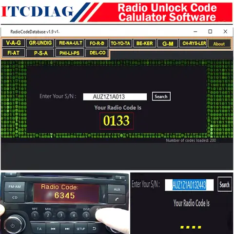 Radio Unlock Code Calulator for Radio Code Database V1.9 Software for PSA for Fiat for Audi for Toyota for Ford Many Car Brand