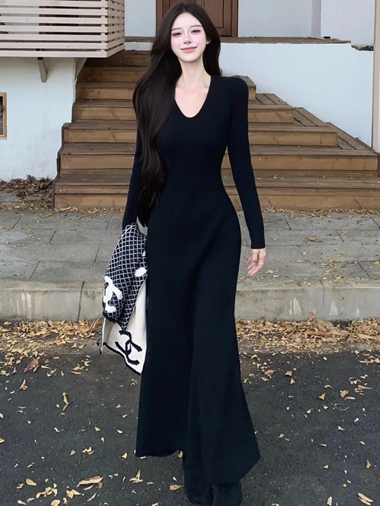 2025 جديد مخطط محبوك شيك ضمادة فستان ماكسي المرأة الكورية خمر Bodycon فستان فاخر الخريف الشتاء فساتين سترة أنيقة #2